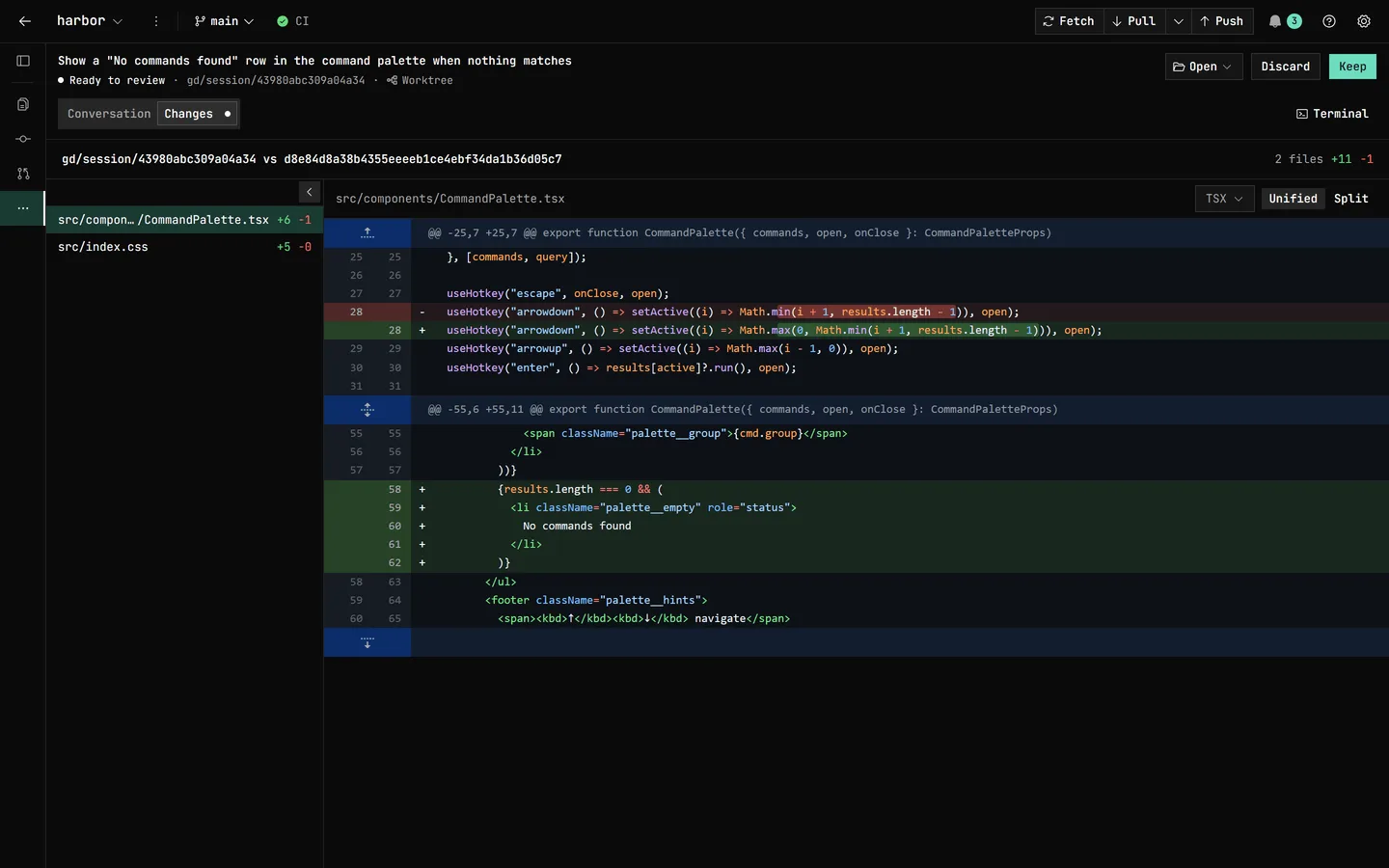 An agent session in GitDesktop, ready to review in its gd/session worktree: the Changes tab shows a two-file diff (+11 -1) that adds a No commands found row to the command palette, with Open, Discard, and Keep controls