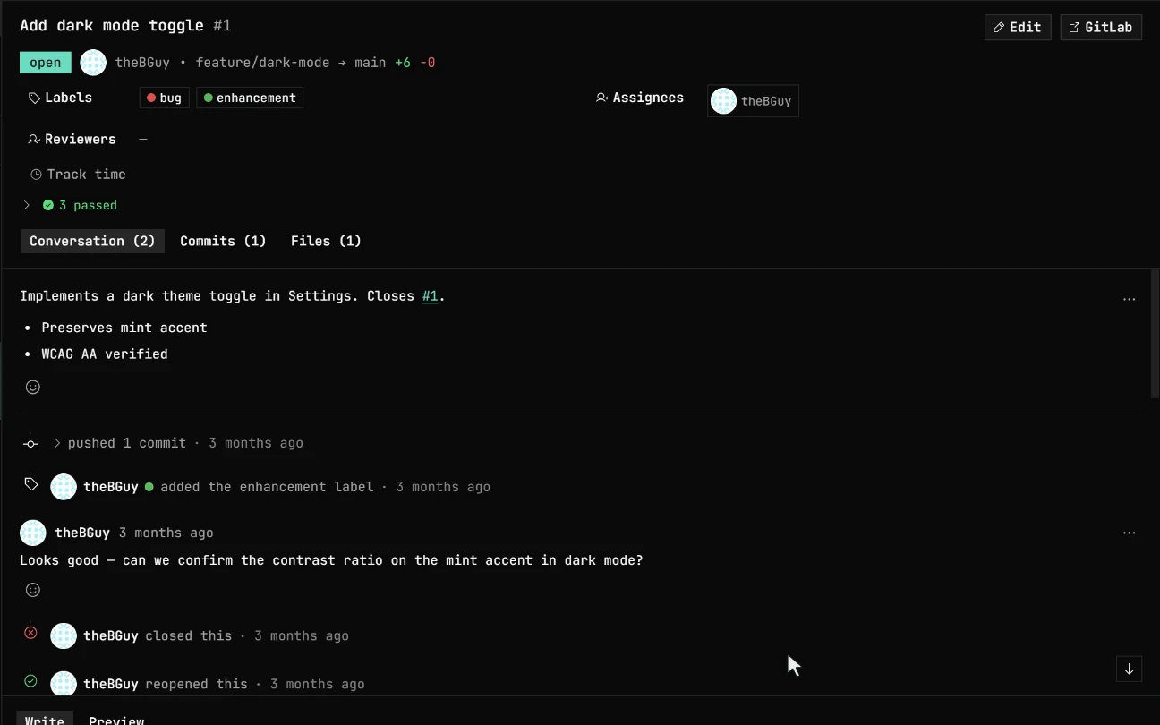 The same pull request panel on a GitLab merge request and on a Bitbucket pull request