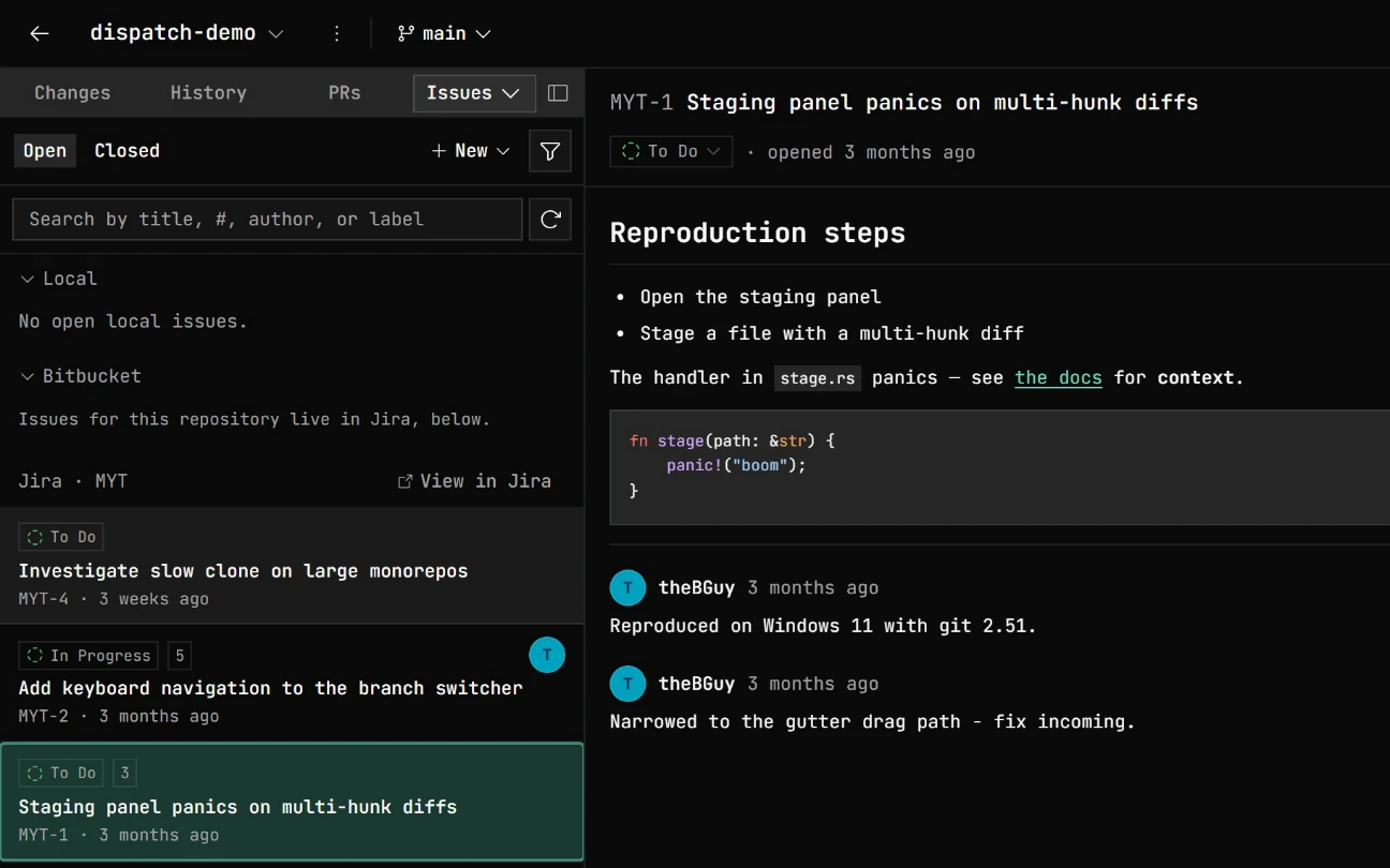 The Jira section of the Issues tab: moving through a linked project's issues, each with its status and story points