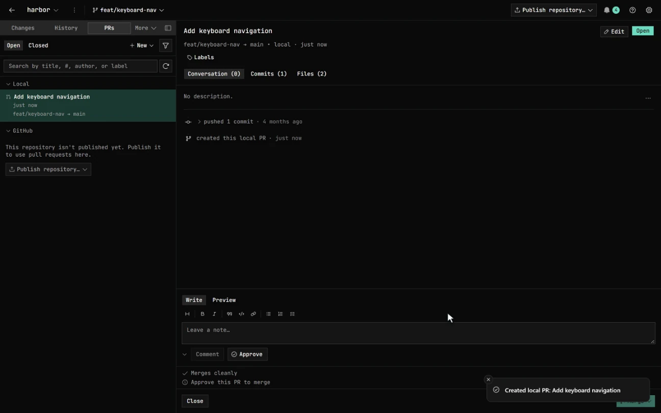 Creating a local pull request: the New local pull request dialog, a typed title, and the new pull request opening in the list